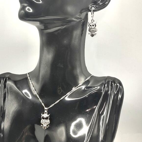 925 Silver Owl Necklace & Earring Set W/ CZ Diamonds Anniversary Birthday Gift